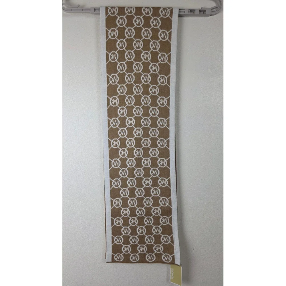 Michael Kors Knit Scarf Camel Cream Reversible MK Logo Monogram 62
